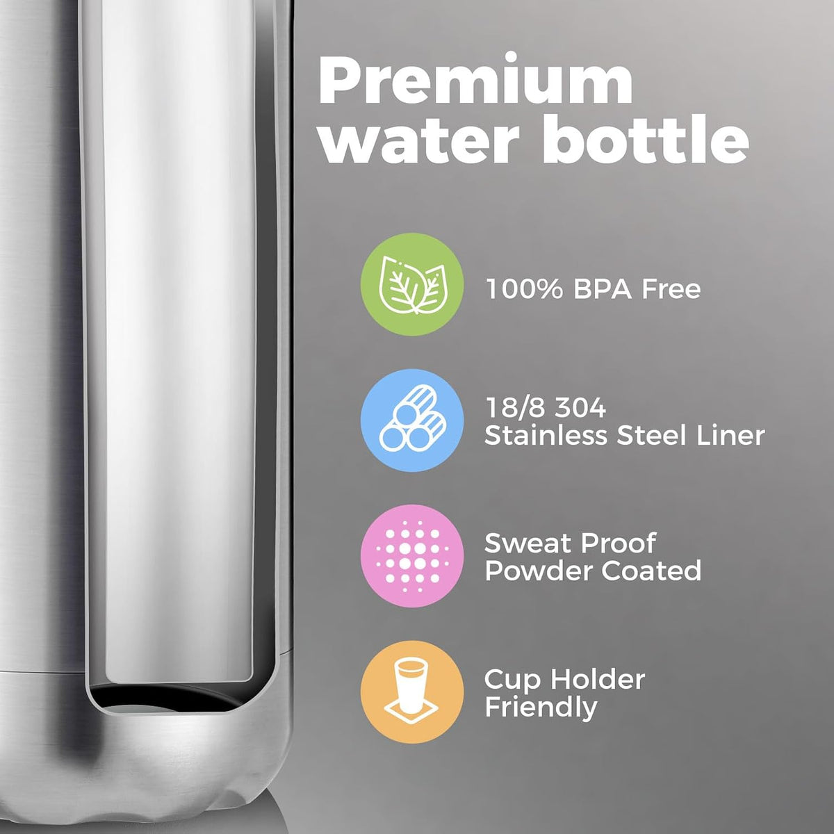 Volhoply 17oz Insulated Stainless Steel Water Bottle（Silver,1 Pack)