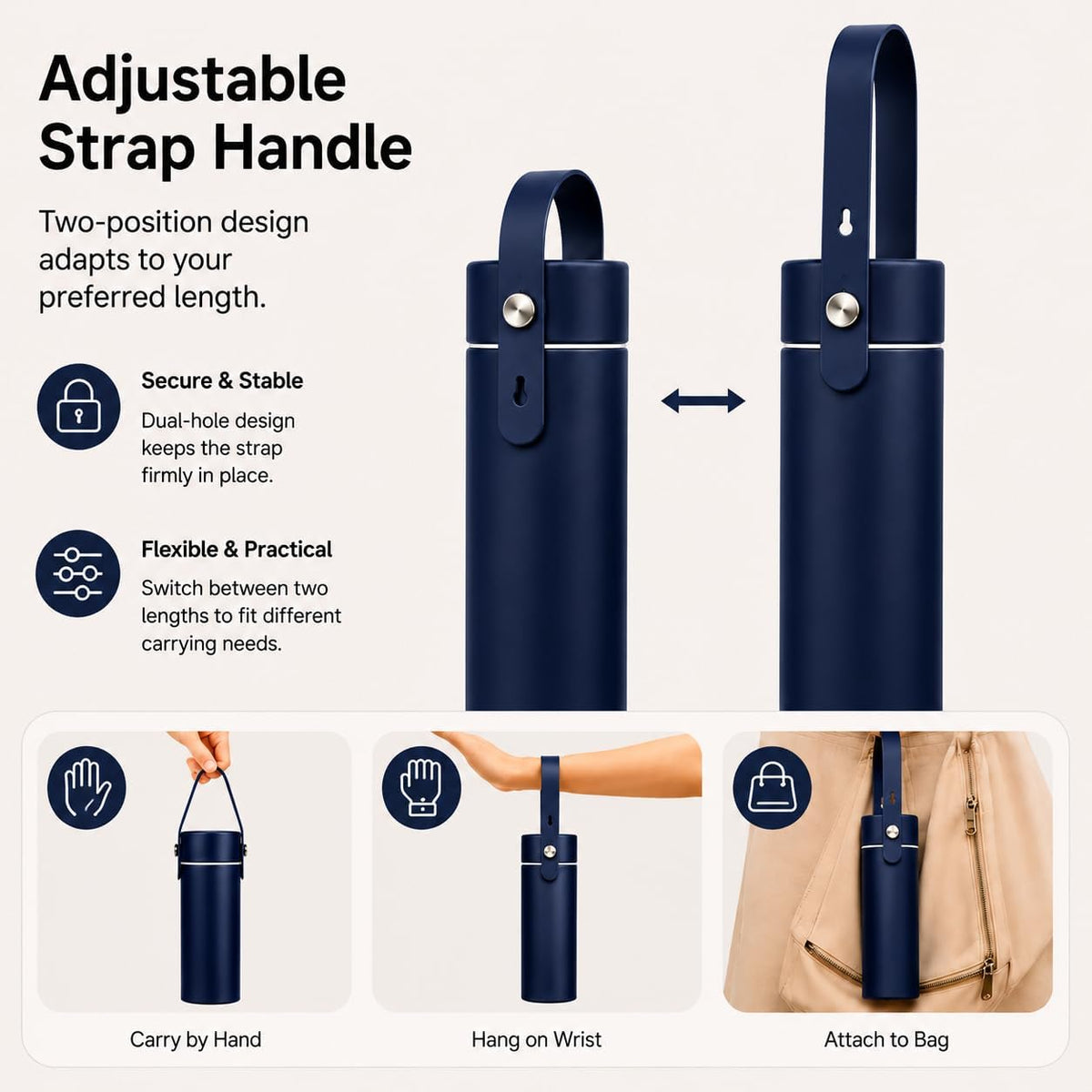 Exllena 【Upgraded】 Mini Insulated Water Bottle 6.8oz/200ml with Adjustable Silicone Handle– Small Flask for Hot & Cold Drinks, Leakproof, Ideal for Purse, Lunchbox...(Midnight Sapphire)