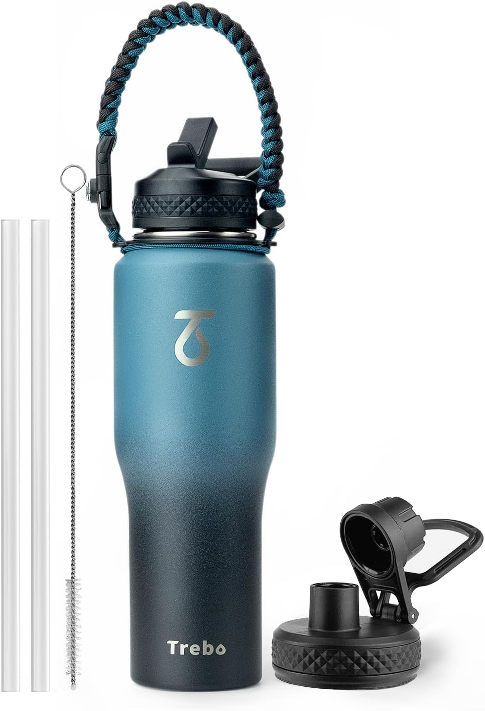 Trebo 40 oz Water Bottle Insulated Fit in Any Car Cup Holder with 2 Lids