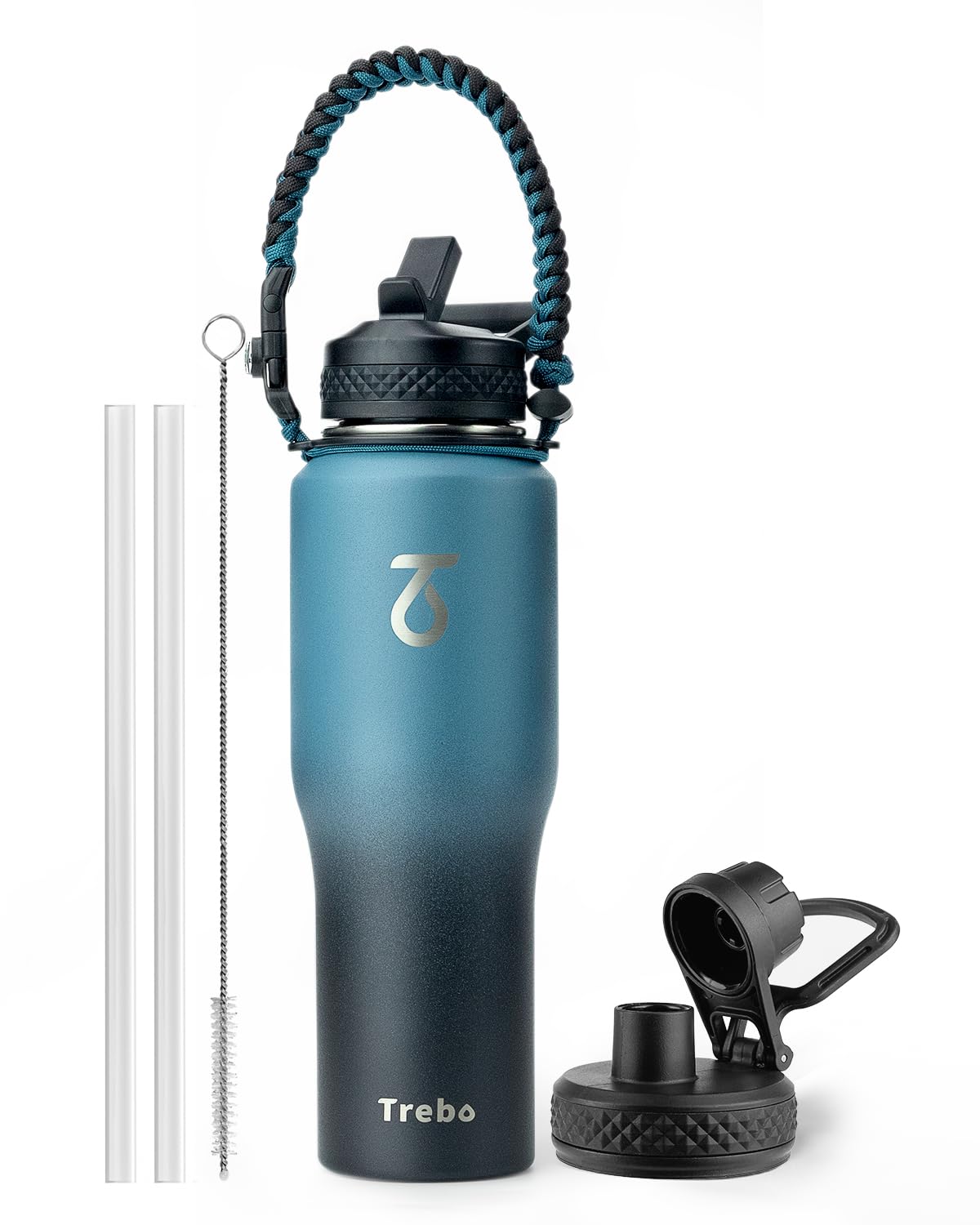 Trebo 40 oz Water Bottle Insulated Fit in Any Car Cup Holder with 2 Lids