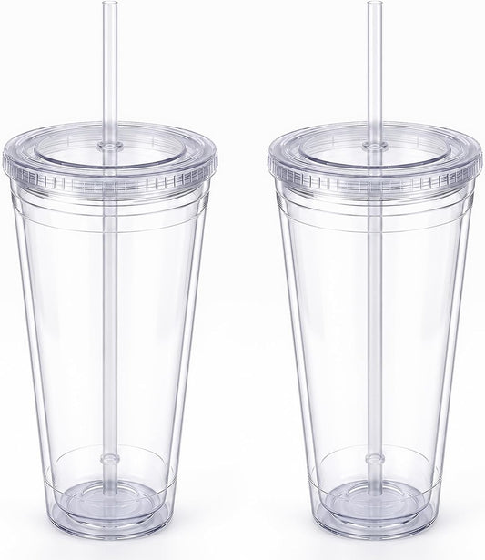 Zukro Clear Double Wall Plastic Tumbler with Lid and Straw 32 oz, 2 Pack