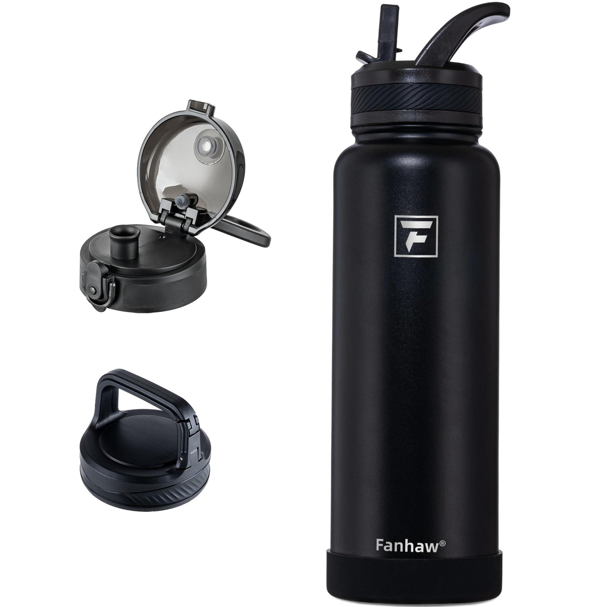 Fanhaw 32 oz Insulated Water Bottle – Portable Stainless Steel Flask with 3 Lids (Straw, Chug, Carabiner) | Leakproof, for Gym, Hiking, Work, Travel & Everyday Use (Black)