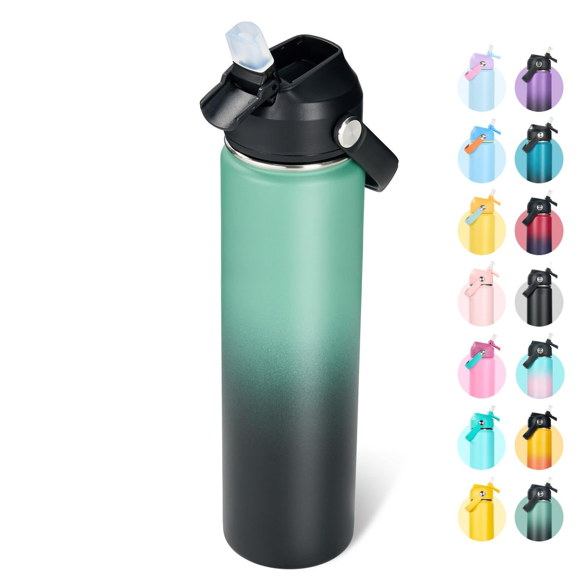 Fijinhom 24oz Insulated Stainless Steel Water Bottle, Wide Mouth Double Wall Vacuum, Silicone Straw, Sweat & Leak Proof, BPA Free Insulated Water Flask for Travel, Keep Cold 24h Hot 12h, Black