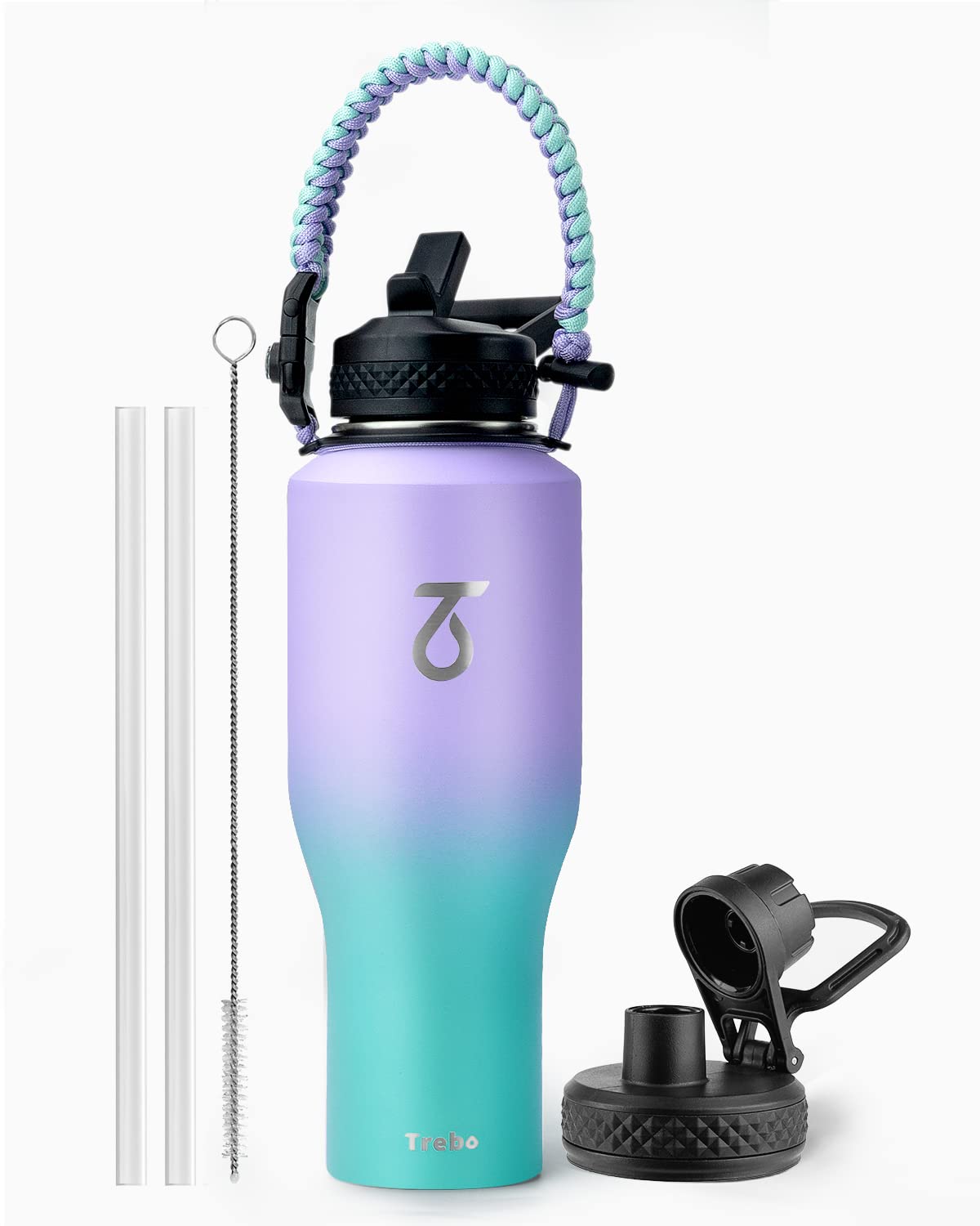 Trebo 40 oz Water Bottle Insulated Fit in Any Car Cup Holder with 2 Lids