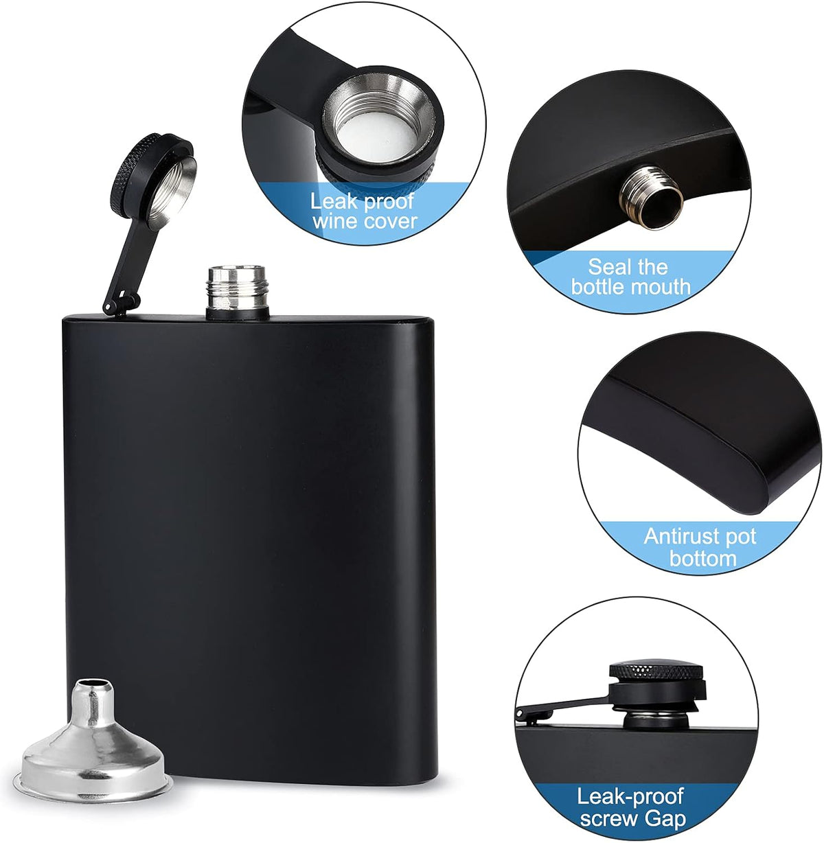 GADIEDIE 12oz+8oz Flask for Liquor for Men Matte Black Stainless Steel Leakproof Funnel and Cups, with Never-Lose Metal Cap, Drinking Flasks for Wedding Party Gift Outdoor Activities