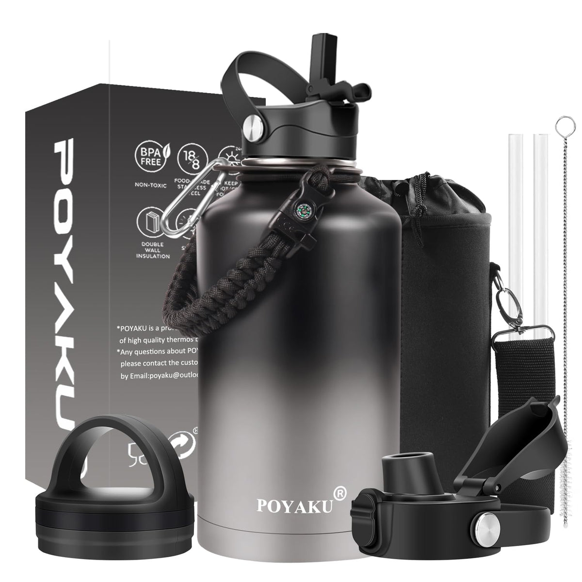 Water Bottle Insulated 32oz 40oz 64oz 128oz Straw Lid Spout Lid & 3 Lids, Leak Proof, Vacuum Insulated,Stainless Steel Water Bottle Wide Mouth for Sports, Gym or Office