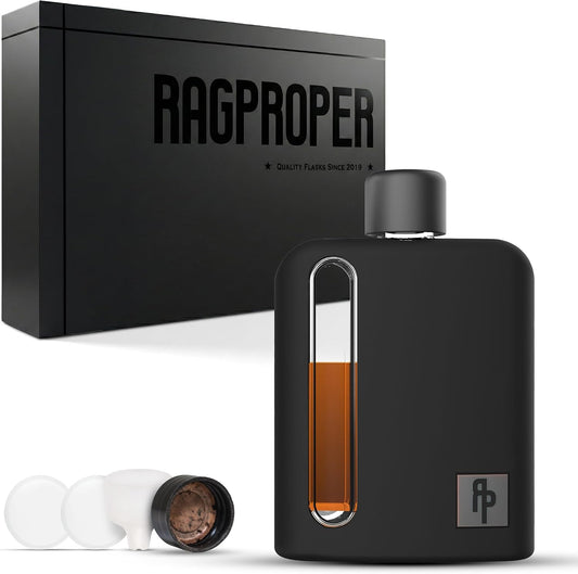 Ragproper Glass Hip Flask for Men – Modern Whiskey & Liquor Pocket Flask with Cork & Silicone Lid Liners, Durable Silicone Covered, Firm Grip – Single Shot 3.4oz (100ml) Black