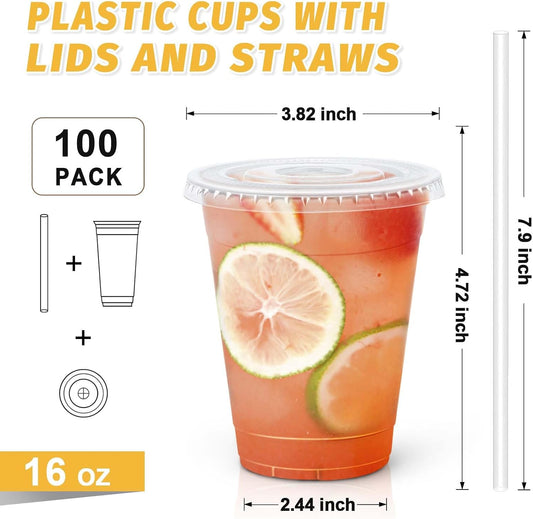 Clawsoff 100 Pack 16 oz Disposable Clear Plastic Cups with Lids and Straws