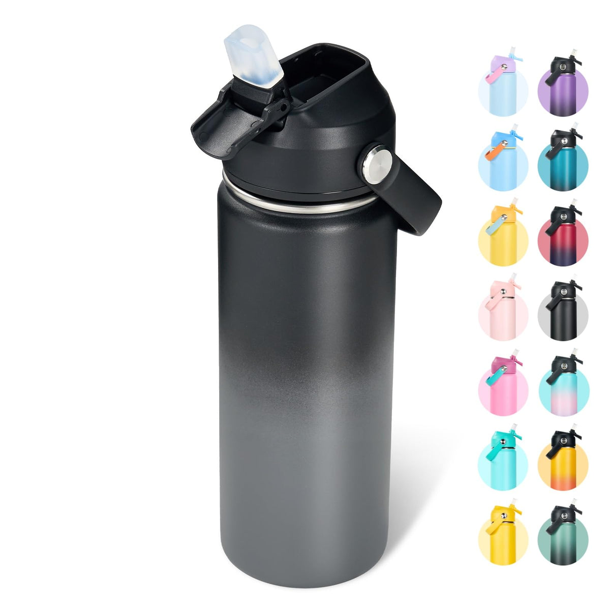 Fijinhom 24oz Insulated Stainless Steel Water Bottle, Wide Mouth Double Wall Vacuum, Silicone Straw, Sweat & Leak Proof, BPA Free Insulated Water Flask for Travel, Keep Cold 24h Hot 12h, Black