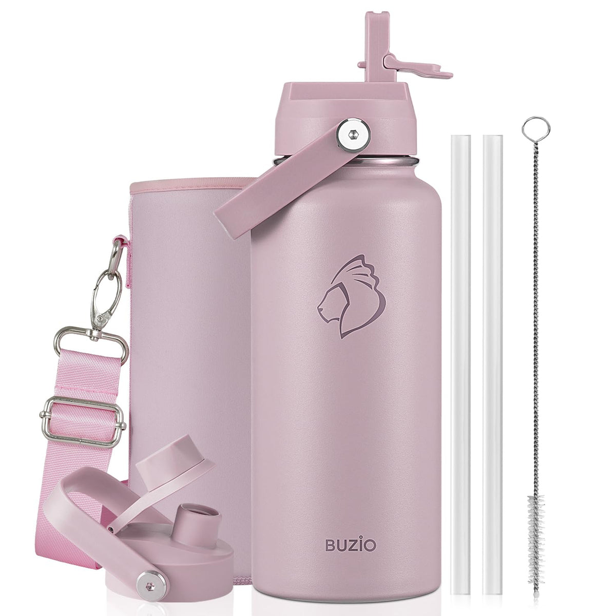 BUZIO 64 oz Insulated Stainless Steel Water Bottle with Dust-proof Lids