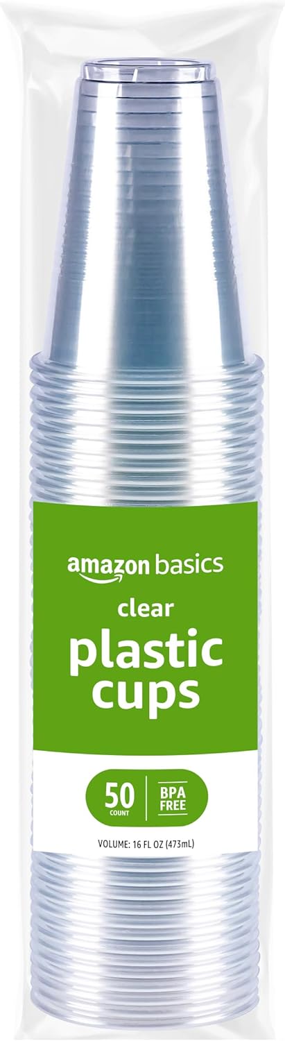Amazon Basics Disposable Clear Plastic Cups for Cold Drinks, BPA-Free, Easy to Hold, 16oz, 50 Count