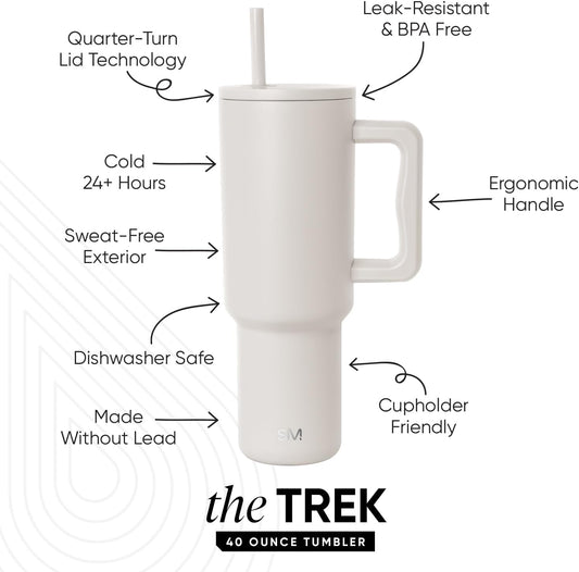 Simple Modern 40 oz Trek Tumbler with Handle and Straw Lid | Cup Holder Friendly Insulated Stainless Steel Travel Mug | Almond Birch