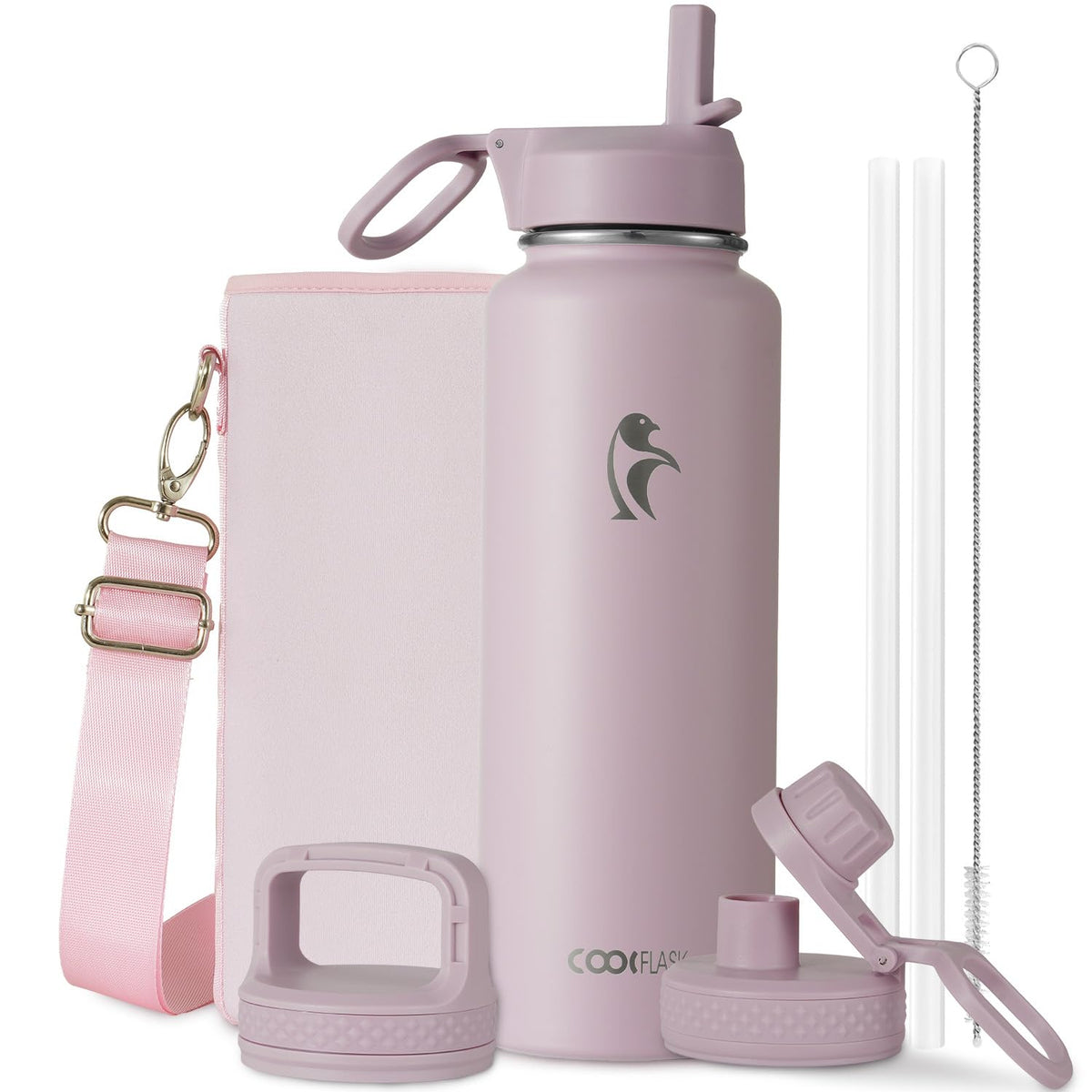 Coolflask Half Gallon Water Bottle Insulated with Straw & 3 Leakproof Lids