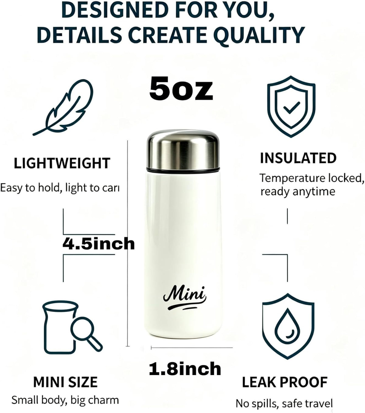 Mini Insulated Stainless Steel, Small Flask,Micro Water Bottle 5oz