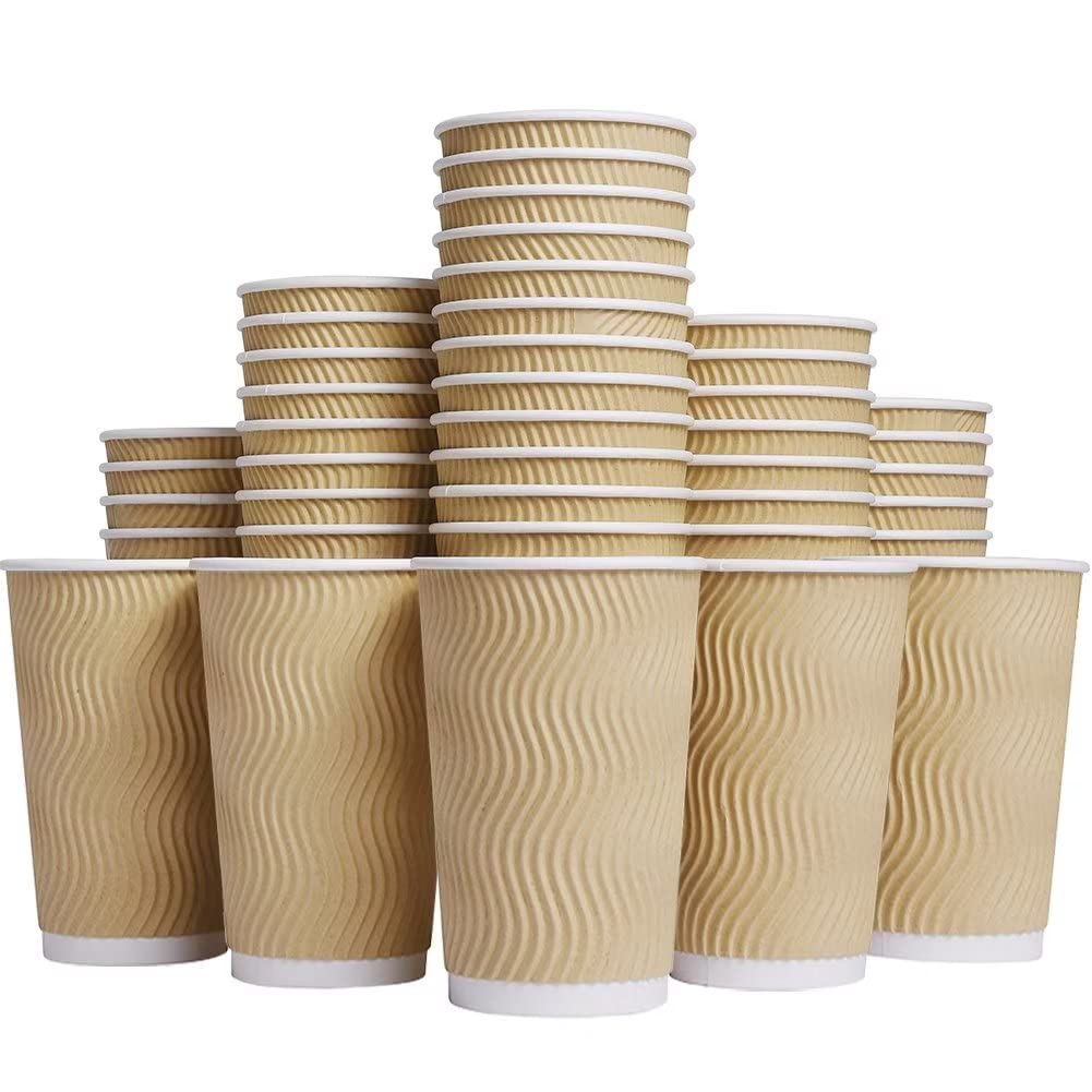 Hot Paper Cups_12 oz Disposable Insulated Corrugated Sleeve Ripple Wall Paper Cup 100 pcs,12oz Cups for Drink，Hot Coffee Cups (Brown)
