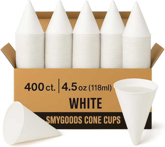Disposable White Paper Cone Cups (Pack of 400-4.5 oz) Eco-Friendly, Leak-Proof, Ideal for Events, Water Coolers, Quick Hydration & Efficient Cleanup
