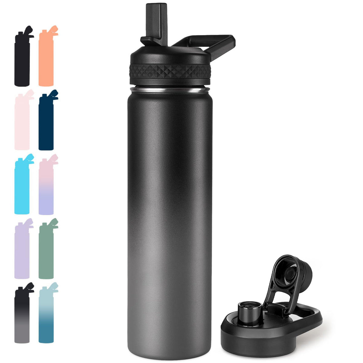 Fijinhom Insulated Water Bottle with Handle, 304 Stainless Steel Water Bottles with Wide Mouth, Double Wall Vacuum Sports Water Bottle, BPA Free, Keep Cold and Hot, 24 Ounces, Black