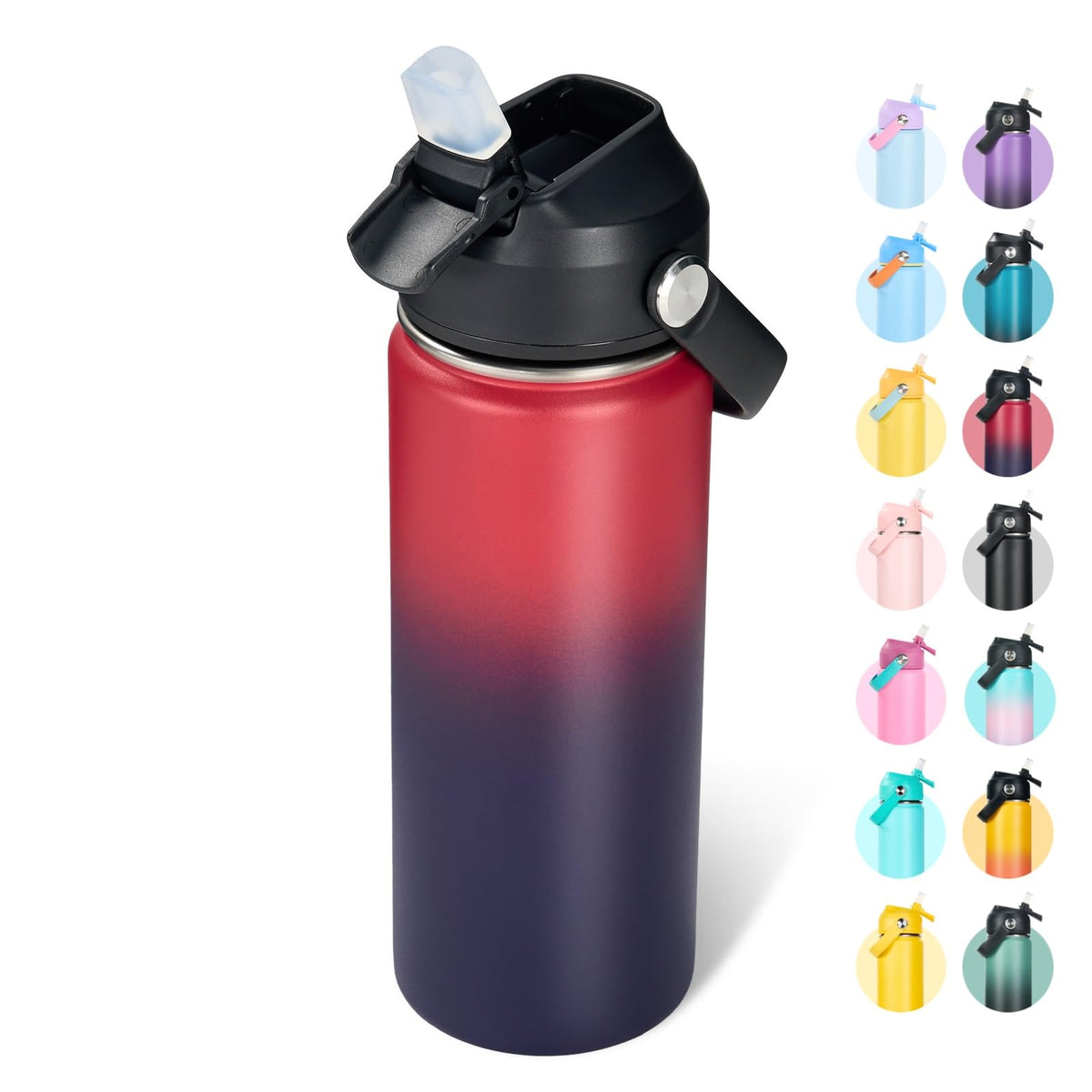 Fijinhom 24oz Insulated Stainless Steel Water Bottle, Wide Mouth Double Wall Vacuum, Silicone Straw, Sweat & Leak Proof, BPA Free Insulated Water Flask for Travel, Keep Cold 24h Hot 12h, Black