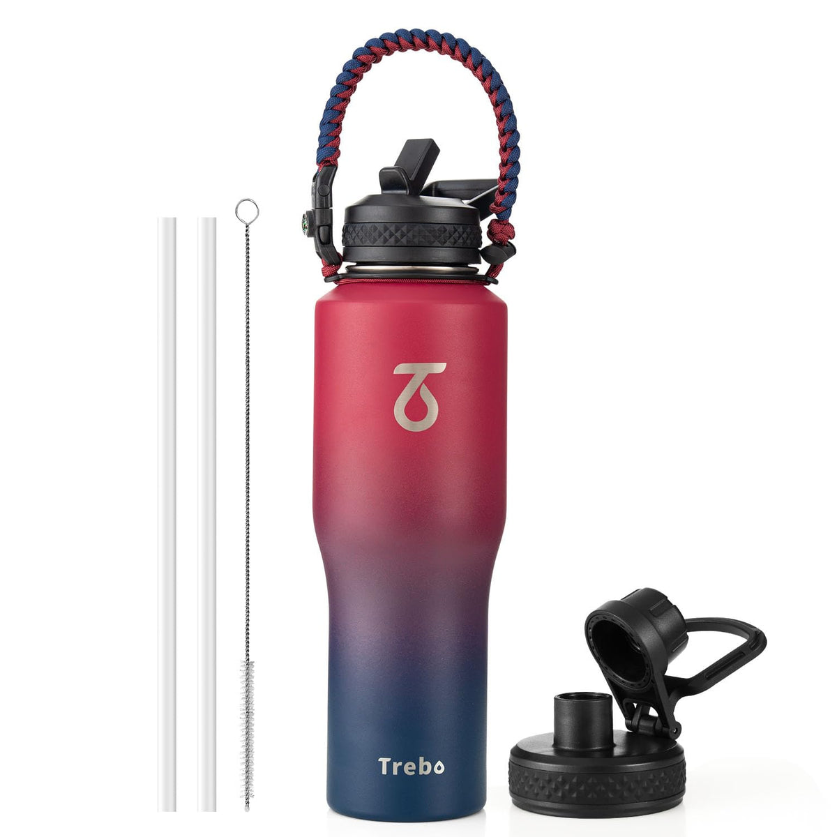 Trebo 40 oz Water Bottle Insulated Fit in Any Car Cup Holder with 2 Lids