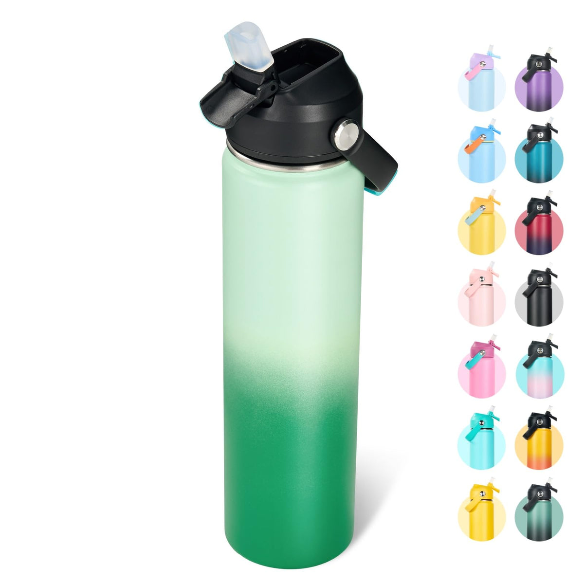 Fijinhom 24oz Insulated Stainless Steel Water Bottle, Wide Mouth Double Wall Vacuum, Silicone Straw, Sweat & Leak Proof, BPA Free Insulated Water Flask for Travel, Keep Cold 24h Hot 12h, Black