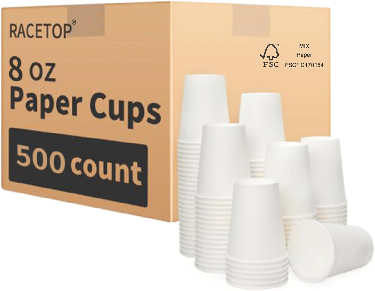 RACETOP 8 oz Disposable Coffee Cups 500 pack, Hot Coffee Cups