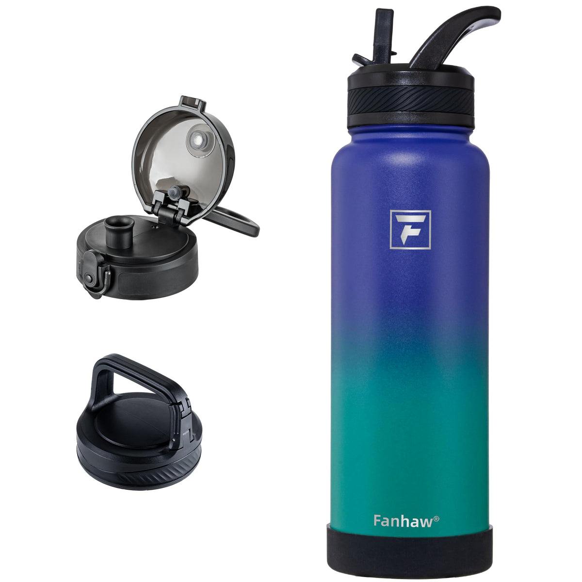 Fanhaw 32 oz Insulated Water Bottle – Portable Stainless Steel Flask with 3 Lids (Straw, Chug, Carabiner) | Leakproof, for Gym, Hiking, Work, Travel & Everyday Use (Black)