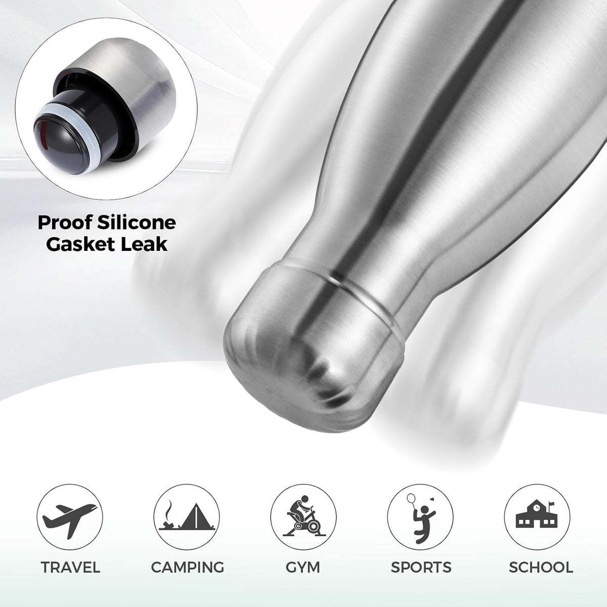 Volhoply 17oz Insulated Stainless Steel Water Bottle（Silver,1 Pack)