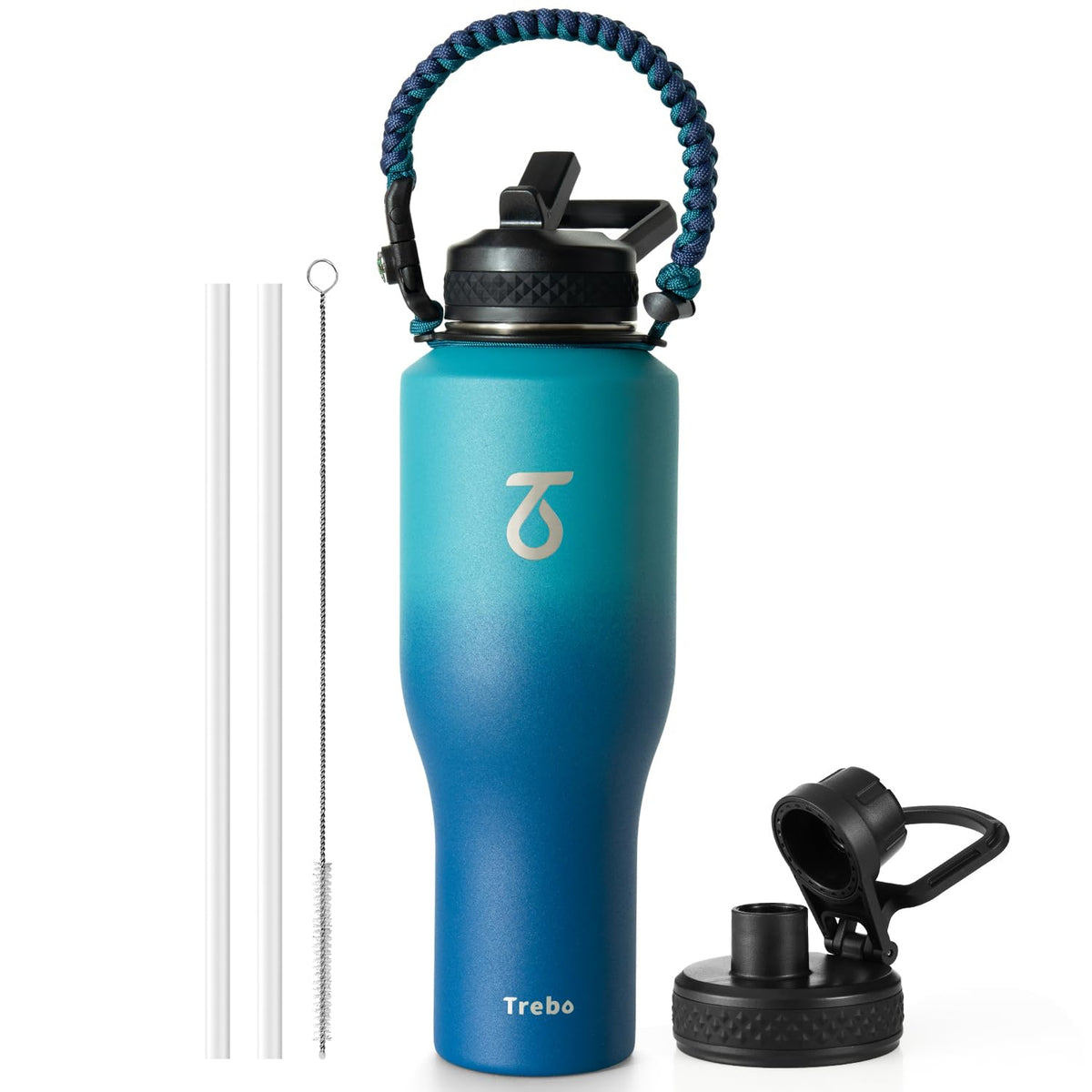 Trebo 40 oz Water Bottle Insulated Fit in Any Car Cup Holder with 2 Lids