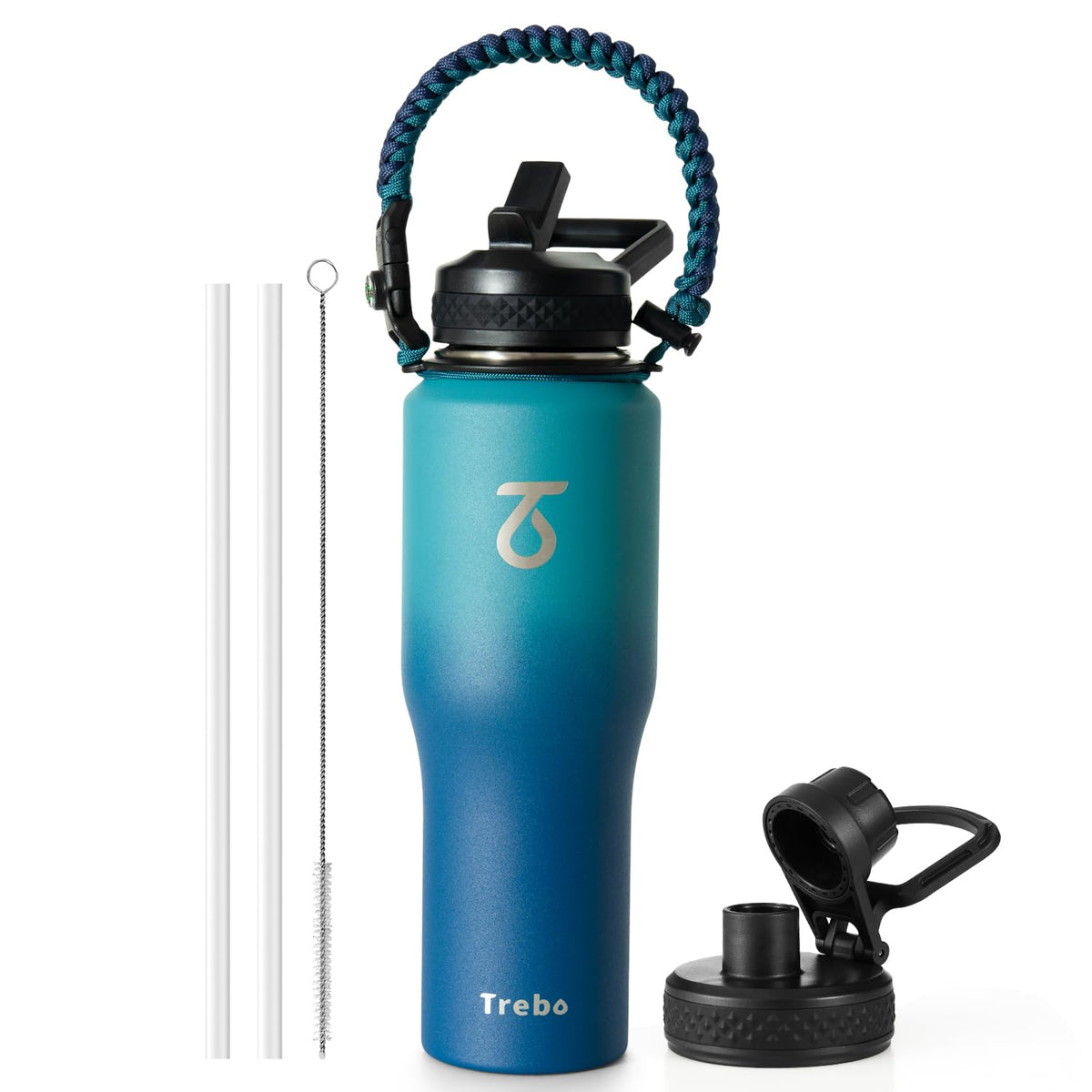 Trebo 40 oz Water Bottle Insulated Fit in Any Car Cup Holder with 2 Lids