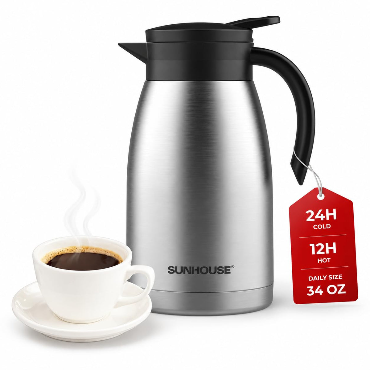 SUNHOUSE 34 Oz Thermal Coffee Carafe Insulated Stainless Steel Thermos