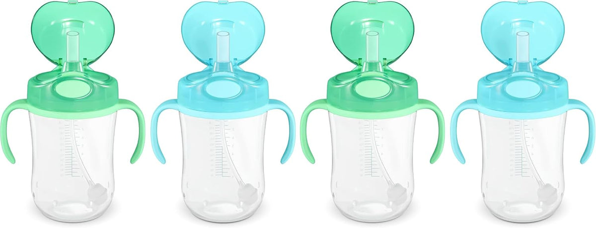 Amazon Basics Spill Proof Dishwasher Safe Silicone Weighted Straw Sippy Cup with Removable Handles, BPA Free, 9 Ounces, Blue/Green, Pack of 2 (Previously Mama Bear)