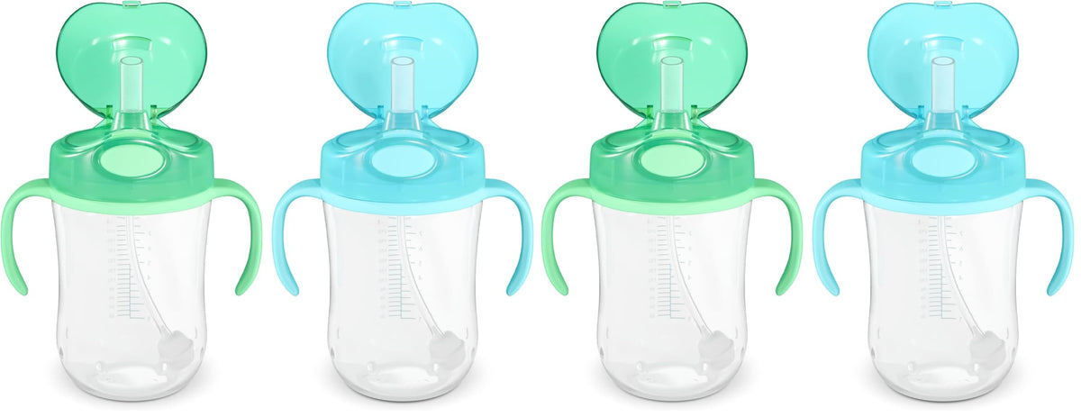 Amazon Basics Spill Proof Dishwasher Safe Silicone Weighted Straw Sippy Cup with Removable Handles, BPA Free, 9 Ounces, Blue/Green, Pack of 2 (Previously Mama Bear)