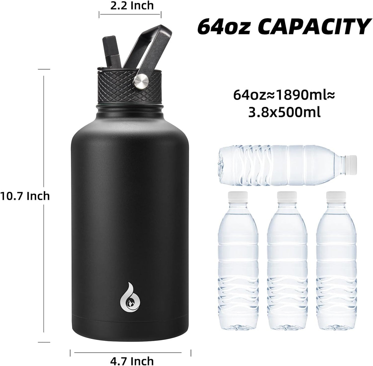 BJPKPK 64oz Insulated Water Bottle, Half Gallon Water Jug with Straw Lid