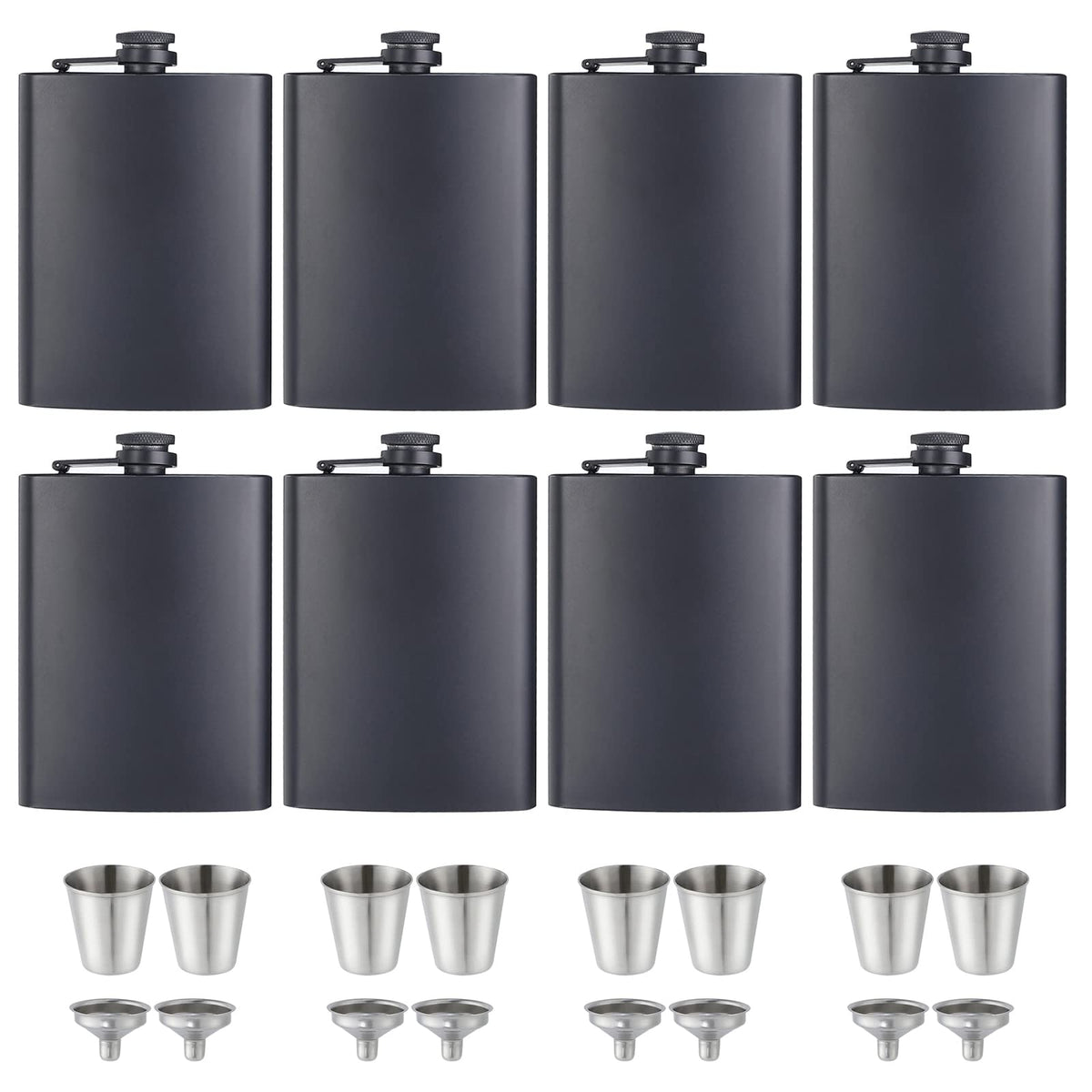 ROMORC 2 Pack Hip Flasks for Liquor Matte Black 8 Oz Stainless Steel Leak-proof Thin Flasks with 2pcs Funnels and Cups for Wedding Party, Groomsman, Bridesmaid, Gift (Black)