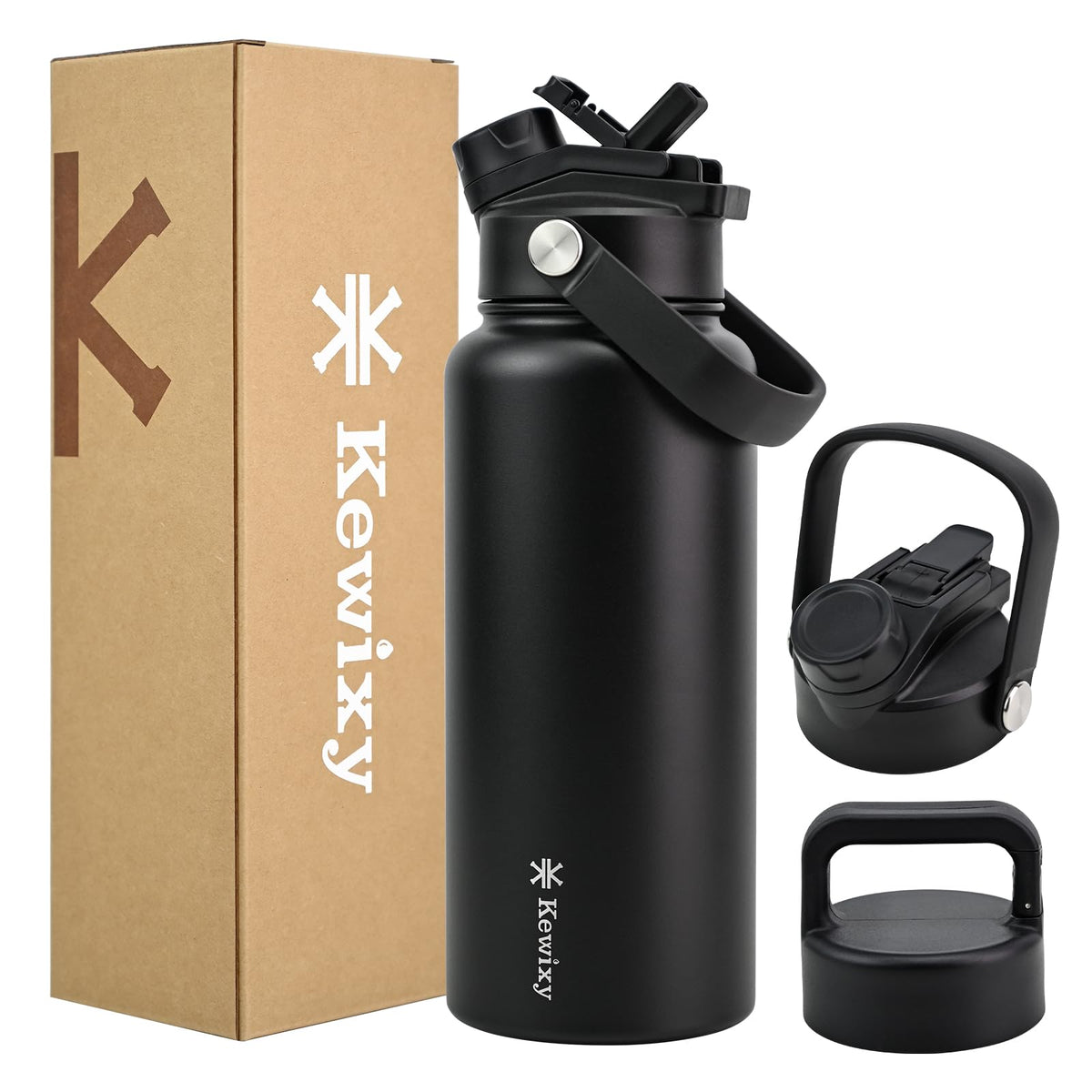 24 oz Insulated Water Bottle, 2-in-1 Lid, Straw & Spout with Protected, Leak Proof, Keep Cold 24H, Cup Holder Fit, Stainless Steel, Metal, Reusable, for Travel, Gym and School, 2 Lids, Midnight Black