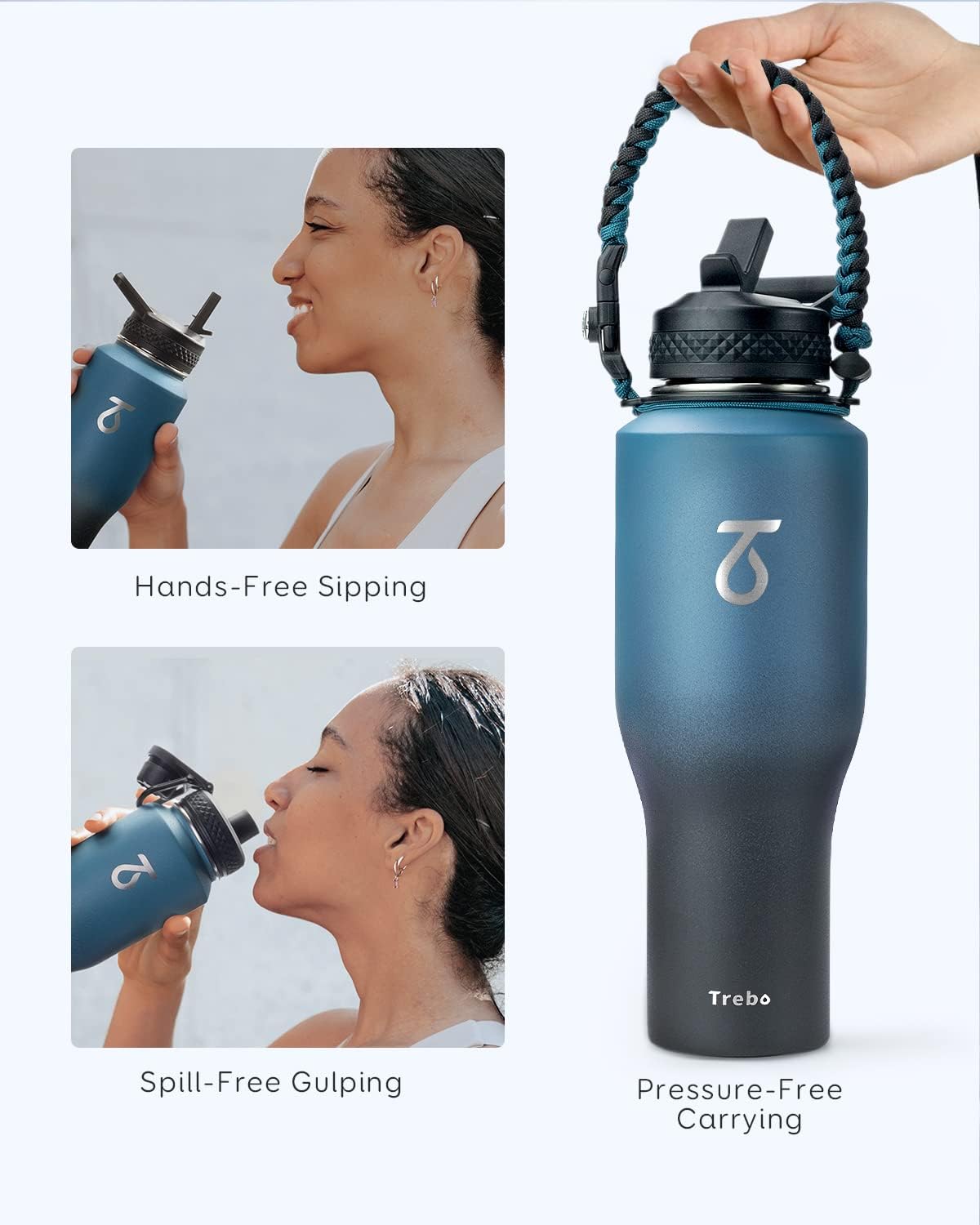 Trebo 40 oz Water Bottle Insulated Fit in Any Car Cup Holder with 2 Lids
