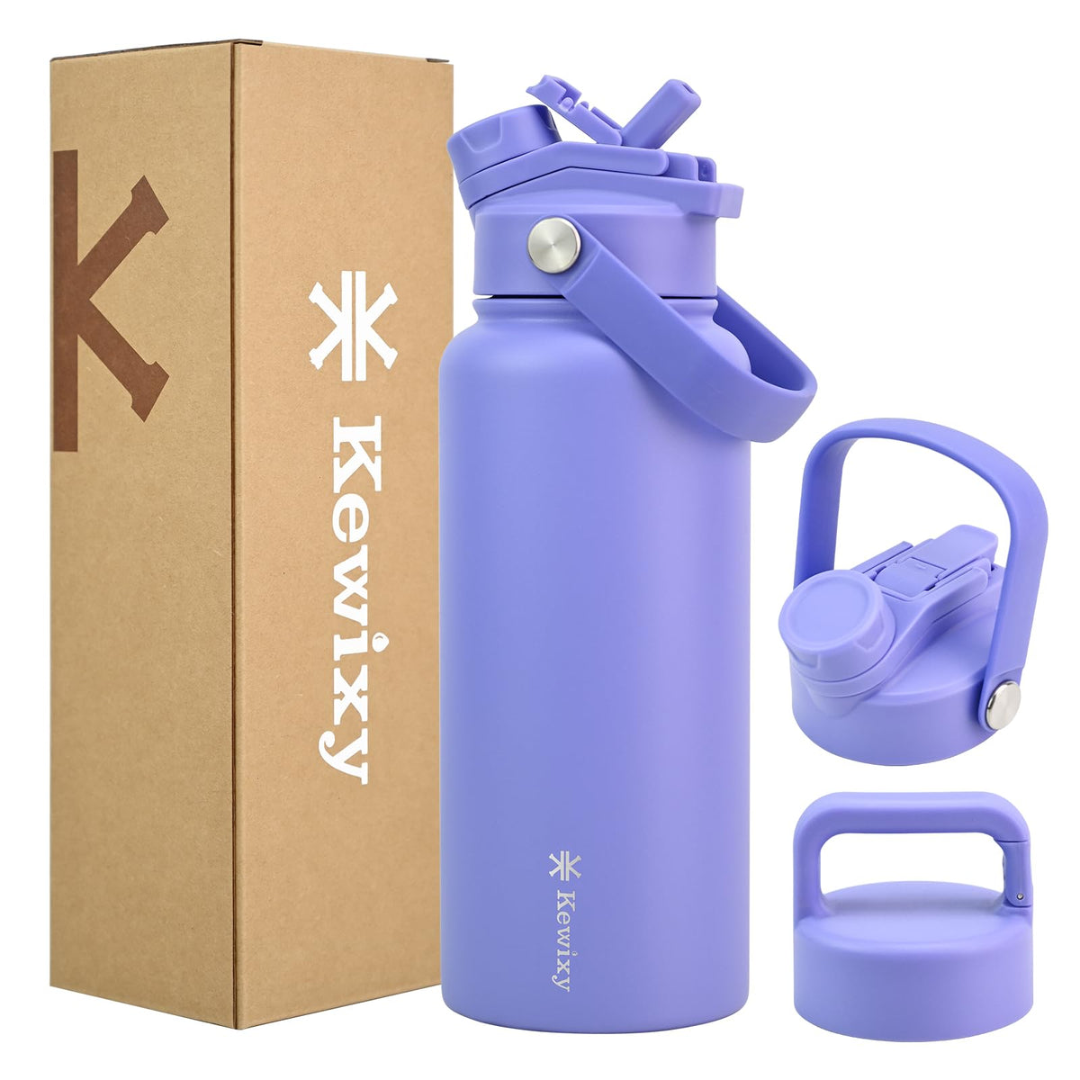 24 oz Insulated Water Bottle, 2-in-1 Lid, Straw & Spout with Protected, Leak Proof, Keep Cold 24H, Cup Holder Fit, Stainless Steel, Metal, Reusable, for Travel, Gym and School, 2 Lids, Midnight Black