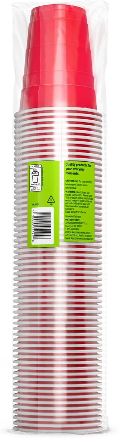 Amazon Basics Disposable Plastic Party Cups, Red, 18oz, 50 Count, Packaging May Vary