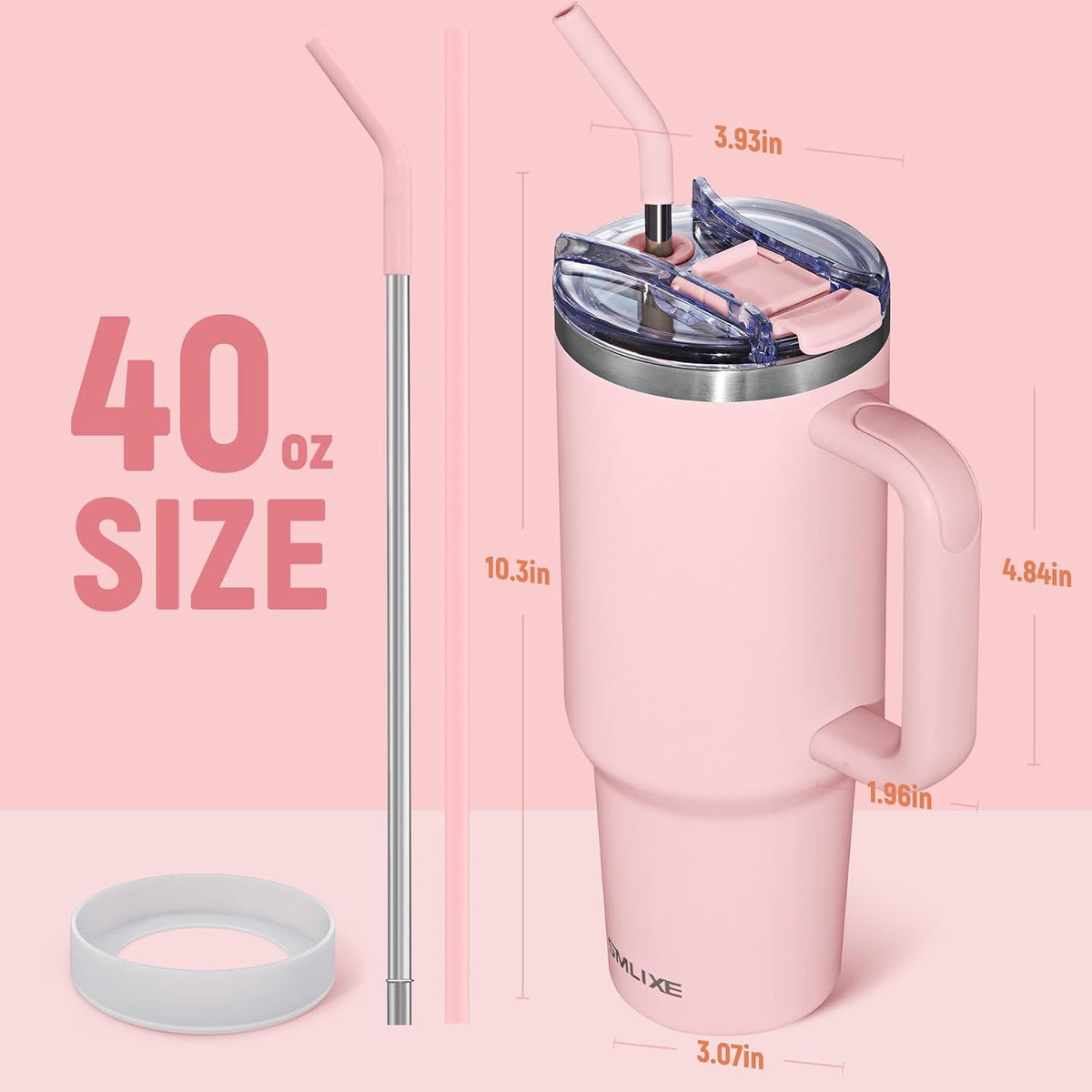 40 oz Tumbler with Handle and Straw Lid,Insulated Reusable Stainless Steel Water Bottle Travel Mug，Cupholder Friendly Double Wall Vacuum Sealed Cup (Pink)