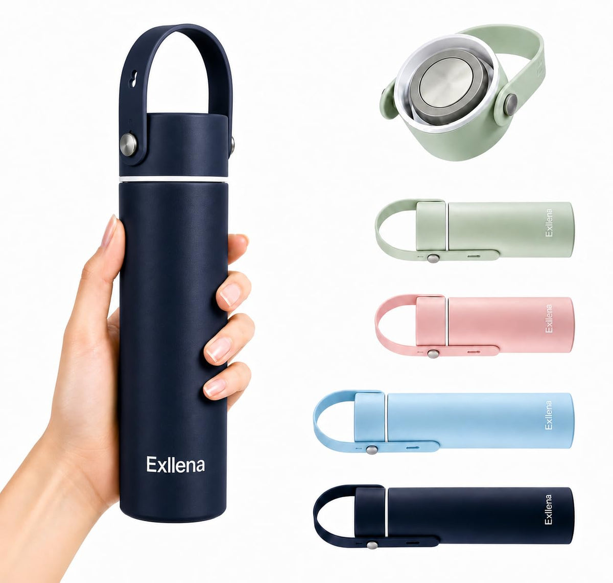 Exllena 【Upgraded】 Mini Insulated Water Bottle 6.8oz/200ml with Adjustable Silicone Handle– Small Flask for Hot & Cold Drinks, Leakproof, Ideal for Purse, Lunchbox...(Midnight Sapphire)
