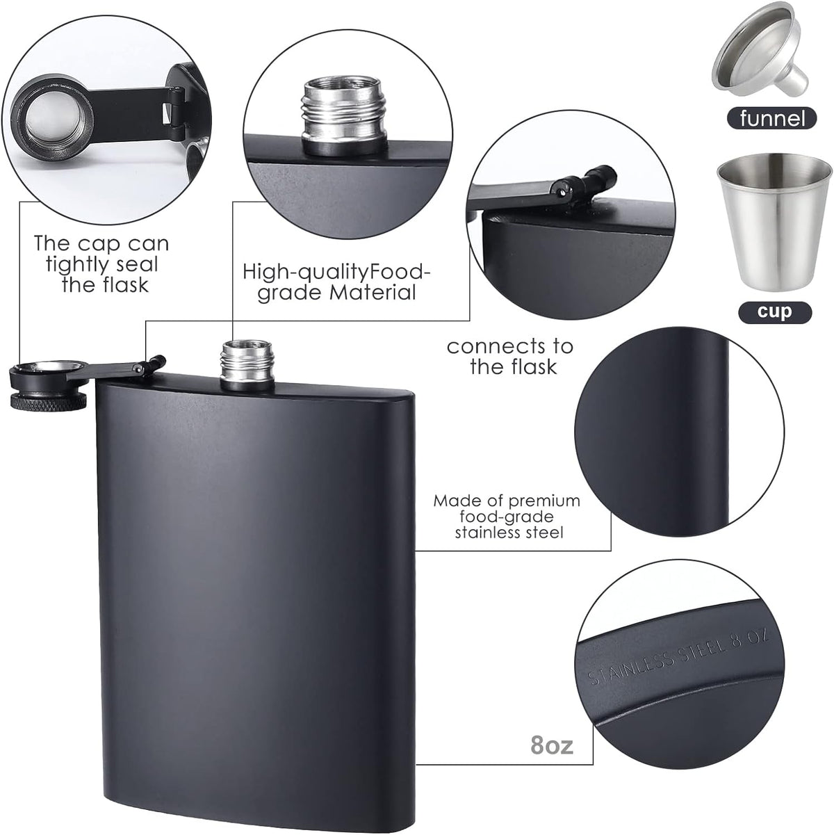 ROMORC 2 Pack Hip Flasks for Liquor Matte Black 8 Oz Stainless Steel Leak-proof Thin Flasks with 2pcs Funnels and Cups for Wedding Party, Groomsman, Bridesmaid, Gift (Black)