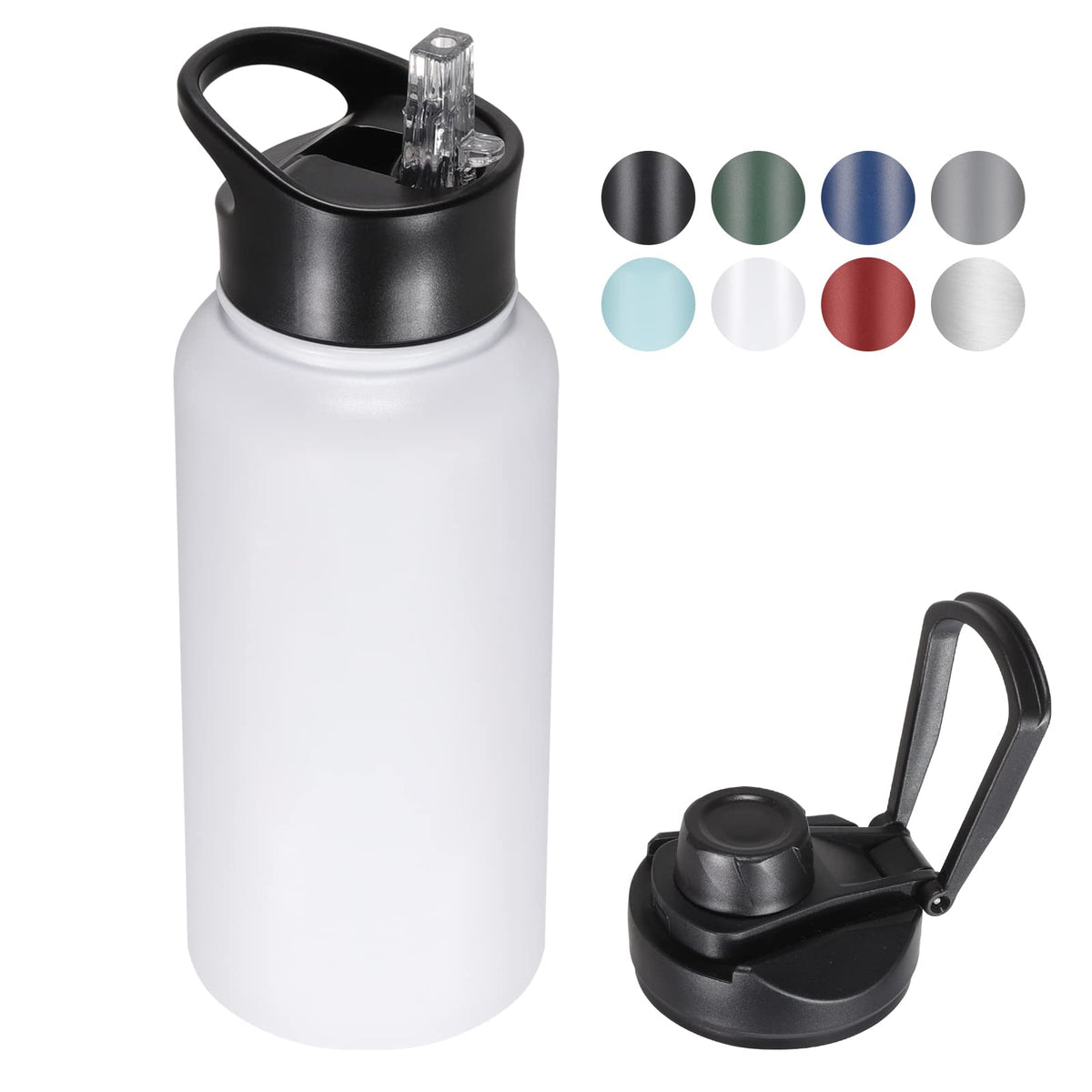 40 oz Insulated Water Bottle with Straw, Stainless Steel Sports Water Bottles with 2 Lids (Straw and Wide Mouth lid), Double Wall Vacuum, Leakproof, BPA-Free, Black