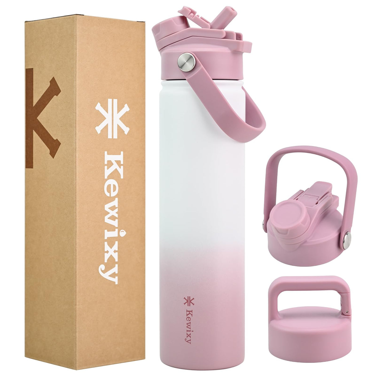 24 oz Insulated Water Bottle, 2-in-1 Lid, Straw & Spout with Protected, Leak Proof, Keep Cold 24H, Cup Holder Fit, Stainless Steel, Metal, Reusable, for Travel, Gym and School, 2 Lids, Midnight Black
