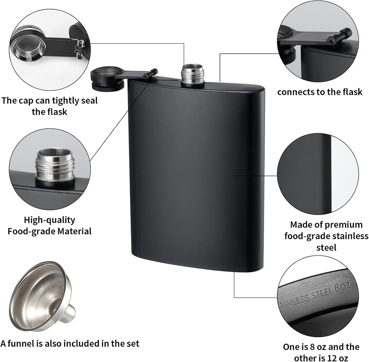 2 Pack Hip Flasks for Liquor, 8 Oz & 12 Oz, Stainless Steel Leakproof