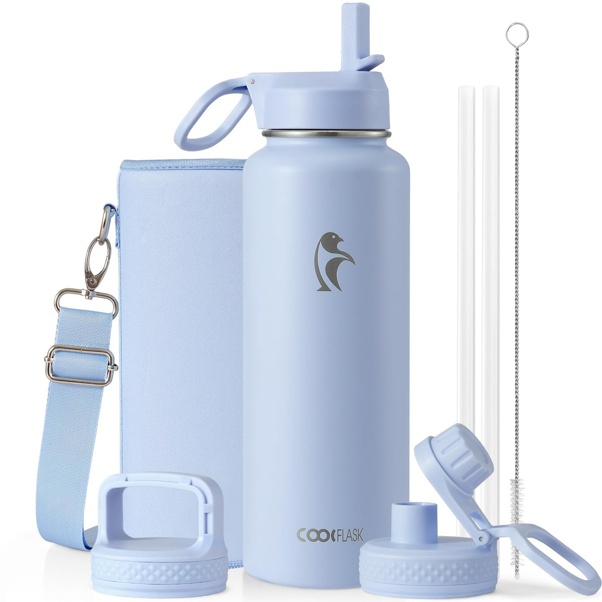 Coolflask Half Gallon Water Bottle Insulated with Straw & 3 Leakproof Lids