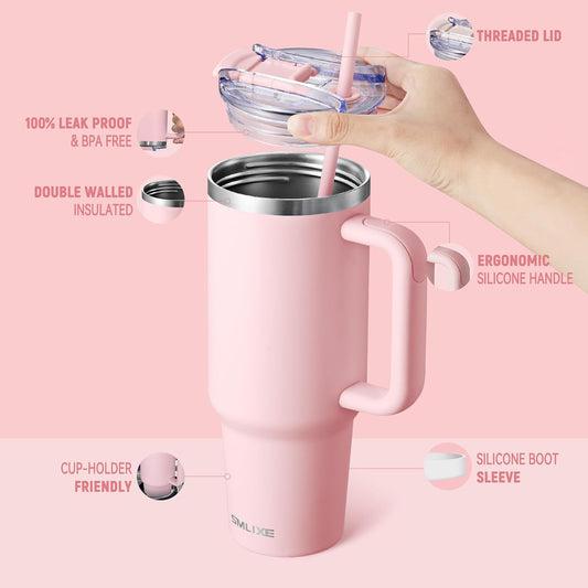 40 oz Tumbler with Handle and Straw Lid,Insulated Reusable Stainless Steel Water Bottle Travel Mug，Cupholder Friendly Double Wall Vacuum Sealed Cup (Pink)