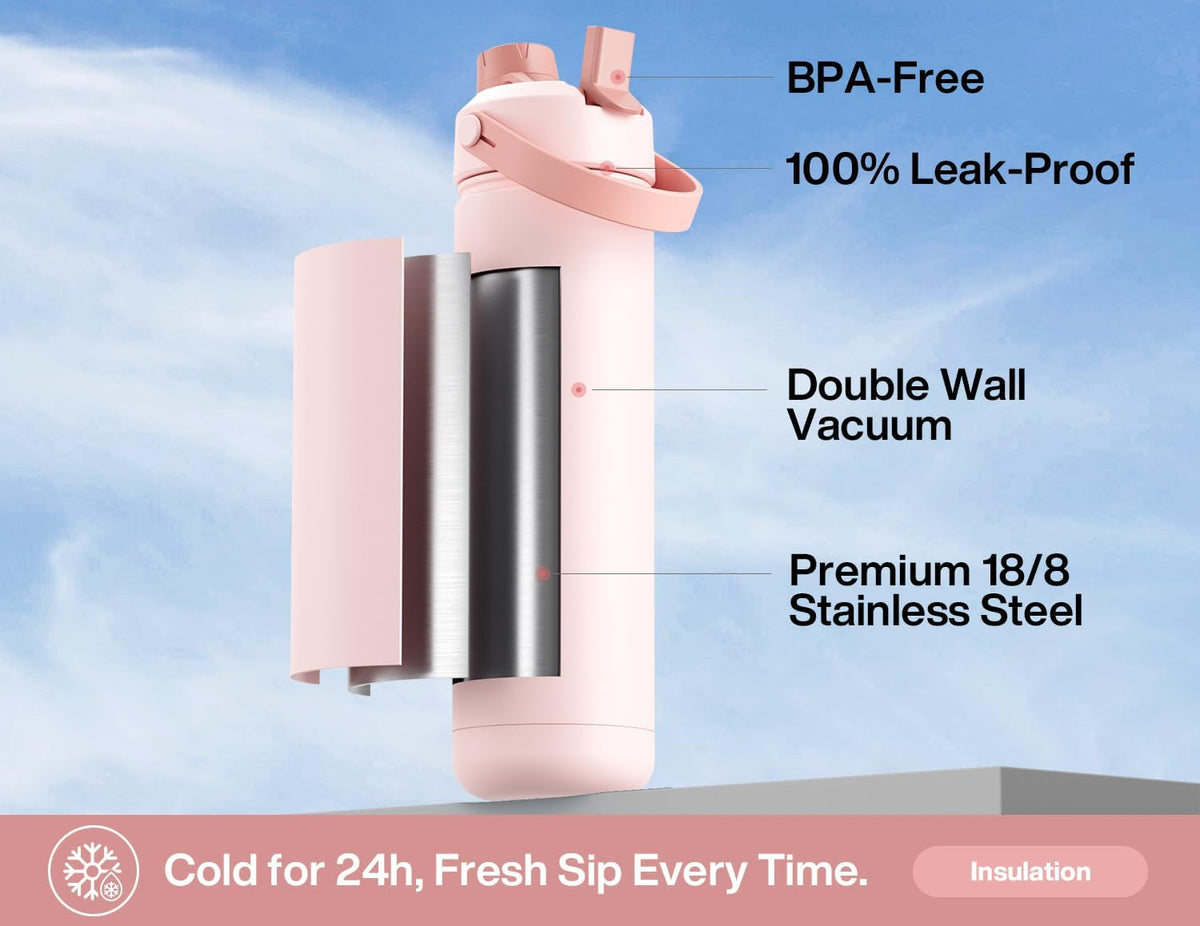 POWCAN 26 oz Insulated Water Bottle with 2-in-1 Straw and Spout Lid, Keep Cold 24H, Leak-Proof, Fits in Car Cup Holder, Stainless Steel Water Bottle for Sports, Travel, and School (Cotton Candy)