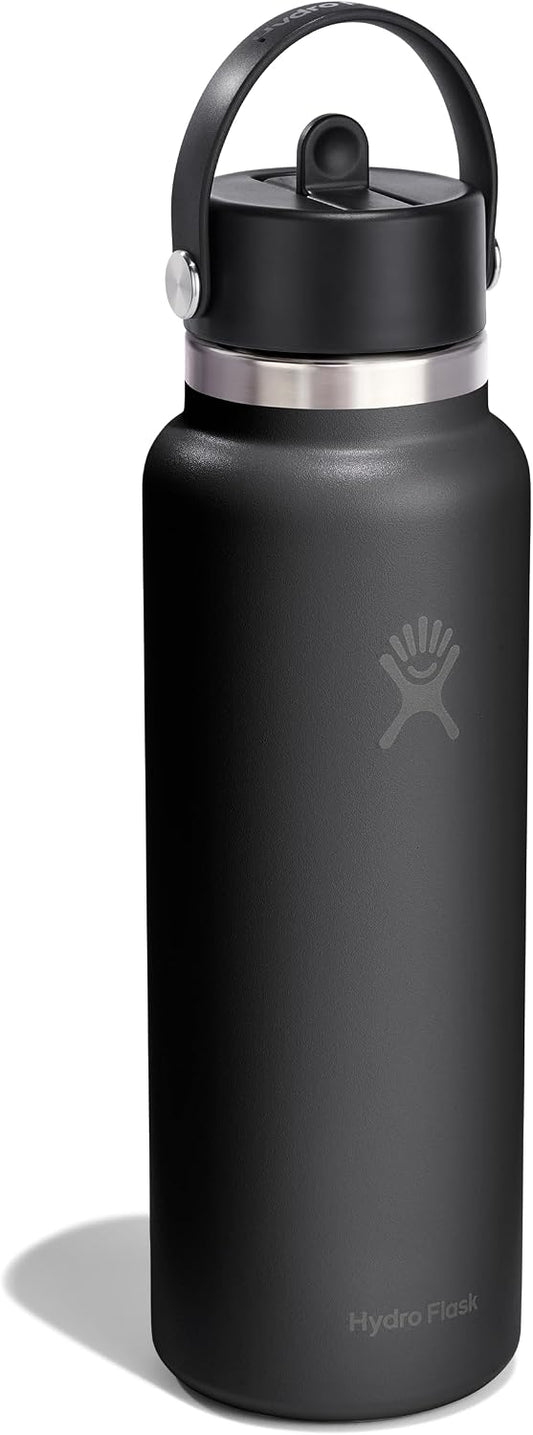 Hydro Flask Water Bottle - Insulated Stainless Steel - Wide Straw Lid, Non Spill, Leakproof in 40 Oz Tonal Black