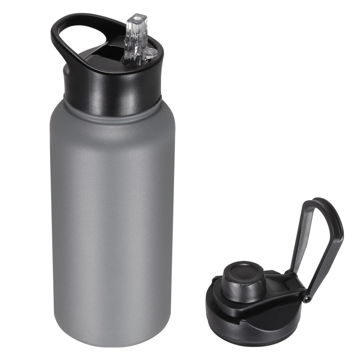 40 oz Insulated Water Bottle with Straw, Stainless Steel Sports Water Bottles with 2 Lids (Straw and Wide Mouth lid), Double Wall Vacuum, Leakproof, BPA-Free, Black