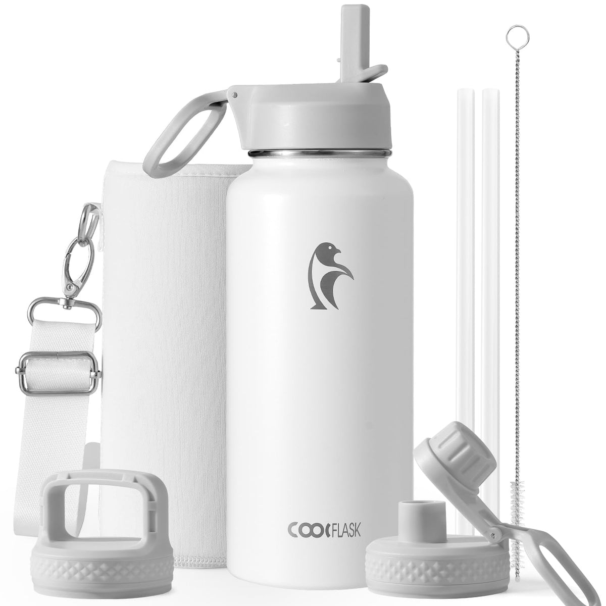 Coolflask 40 oz Water Bottle Insulated with Straw & 3 Leakproof Lids
